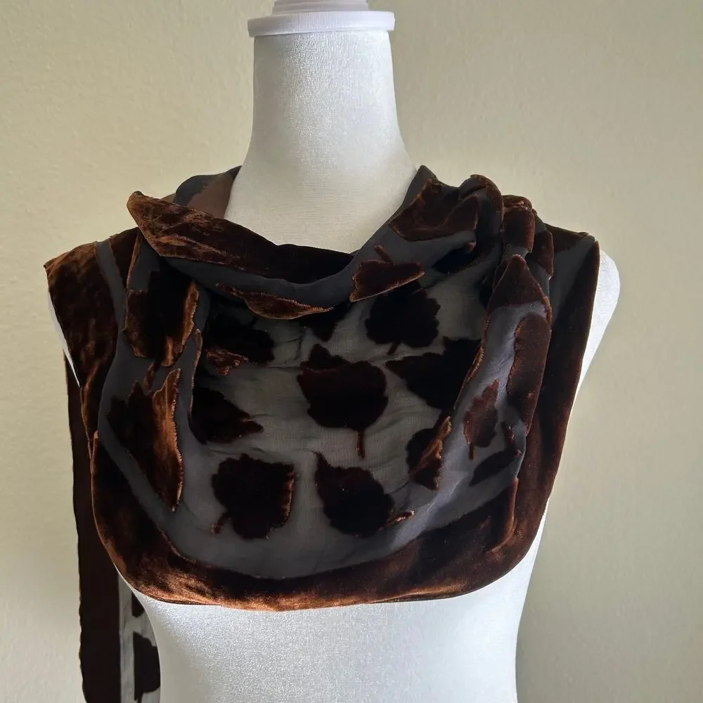 Silk Velvet Burnout Scarf Brown Leaf Floral Wrap Sheer Luxury Shawl Elegant